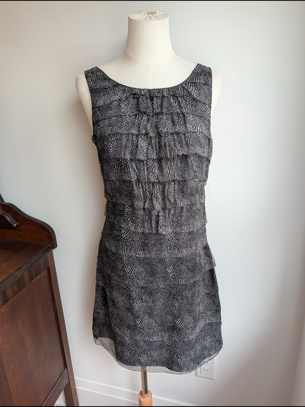 Sleeveless Black & White Silk Ruffle Shift Dress